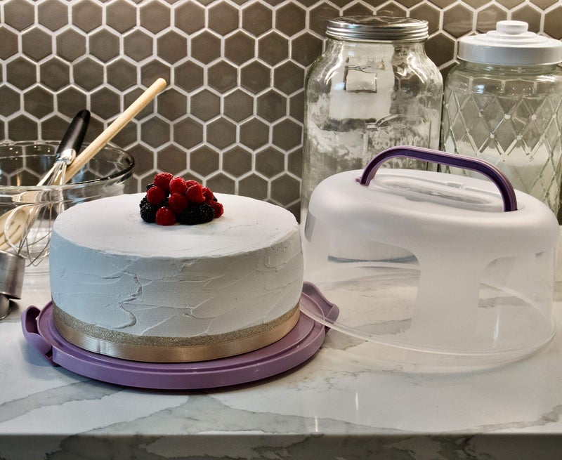 Top Shelf Elements Round Cake Carrier Two Sided Cake Holder Serves as Five Section Serving Tray, Portable Cake Stand Fits 10 inch Cake, Cake Box Comes With Handle, Cake Container Holds Pies (Lilac) - Image 3